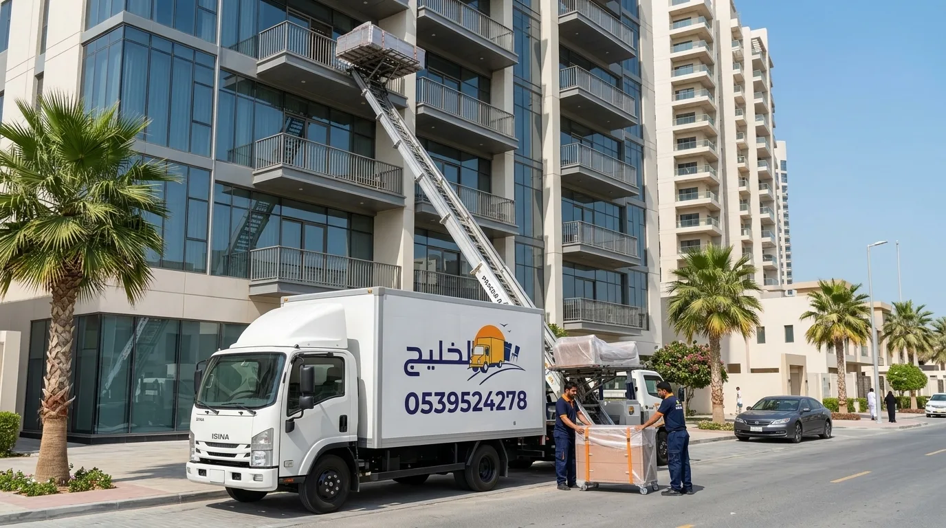 ونش هيدروليكي خارجي لرفع أثاث الأبراج السكنية بالخبر